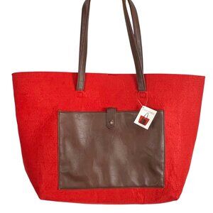 Red Felted Tote Bag Shopping New Use As Gift Bag Faux Leather Straps Pocket